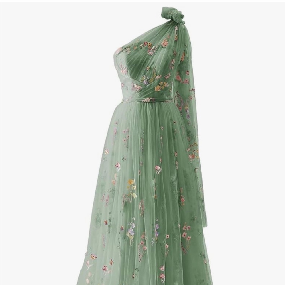 Zepumen | Floral Green One-Shoulder Embroidered Tulle Dress
